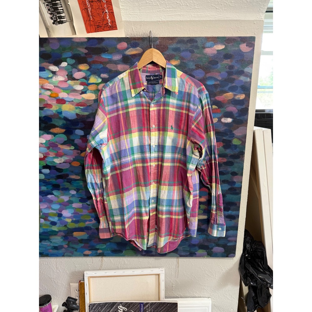 Polo Ralph Lauren Madras Shirt Mens XL Multi Color Plaid Long Sleeve Cotton Vtg